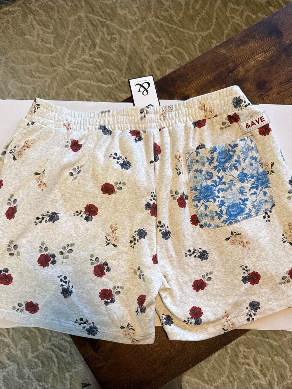 Floral Print Lounge Shorts in Ivory with Red and Navy Flowers